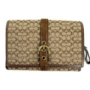 Coach Brown Signature Jacquard Trifold Snap Wallet Clutch Buckle Leather Trim